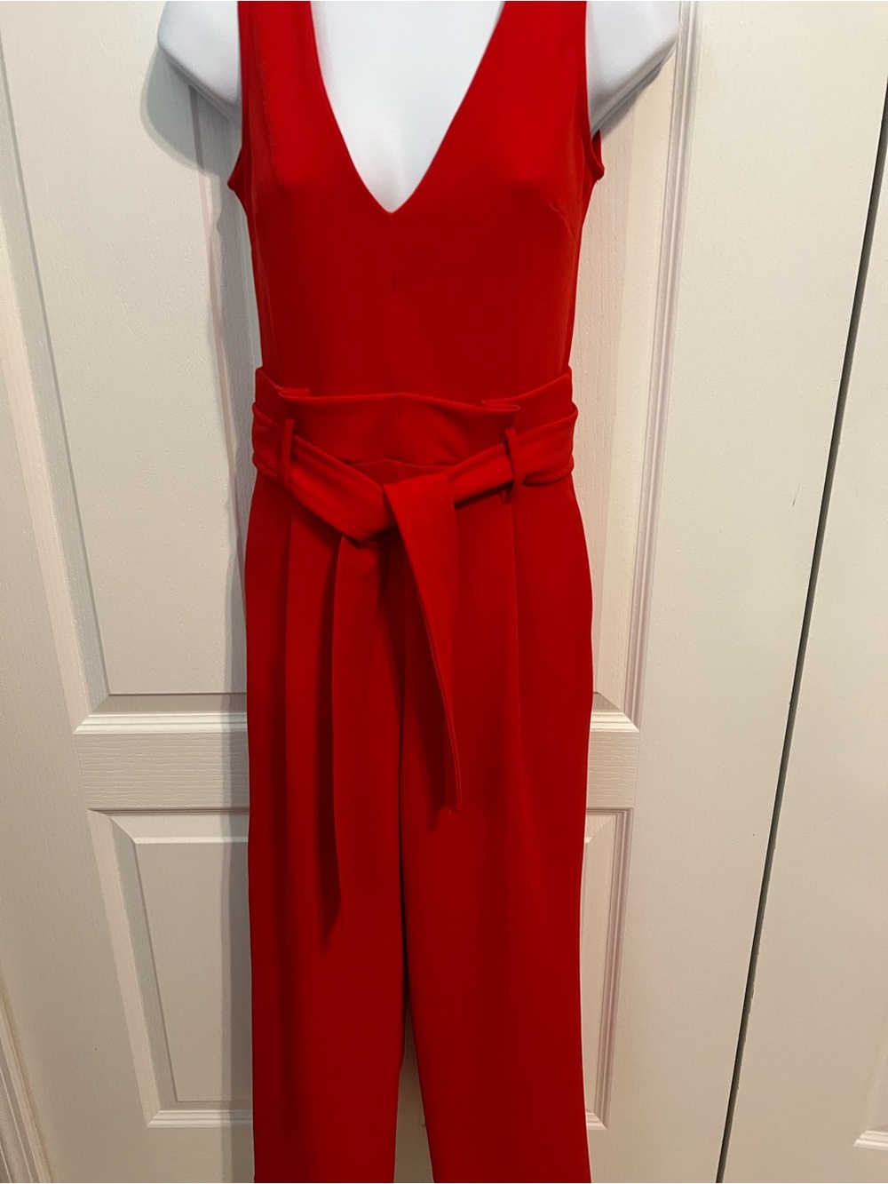 Anthropologie Vibrant Red Sleeveless V-Neck Tie-Waist Jumpsuit - Picture 2 of 8